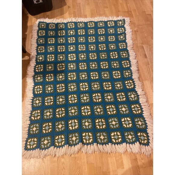 Vintage Handmade Teal Blue Afghan Throw Blanket Granny Square Fringe - 48” x 64”